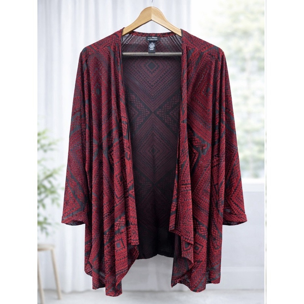 Catherines Velvet Burnout Cardigan Womens 4X Red Black Open‎ Flowy Kimono Whimsy
